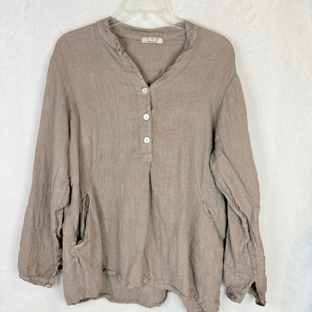 Made in Italy Women's Taupe Linen Tunic Top Oversized Boho Lagenlook